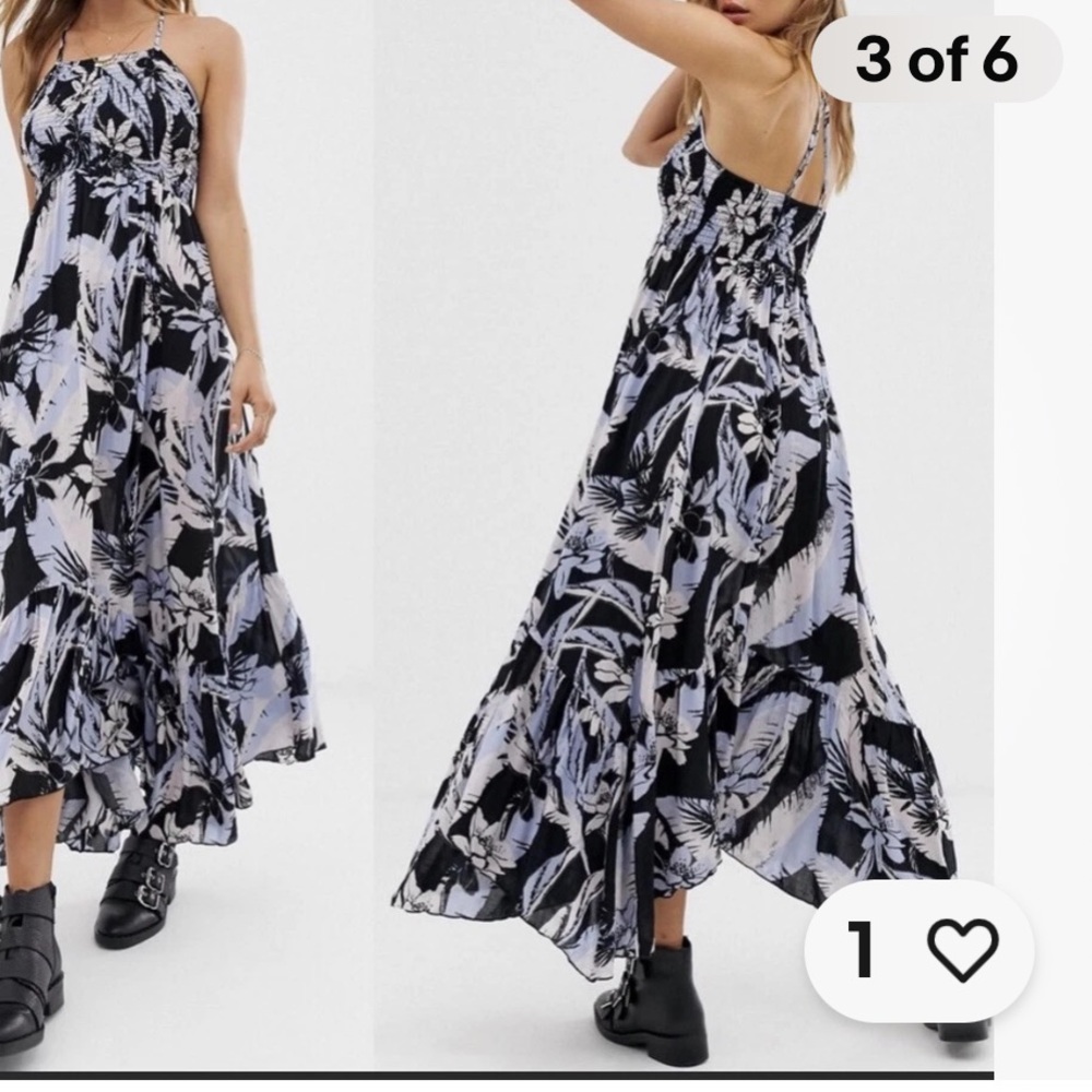 Free People Dress Black & Light Blue Floral Asymmetric Maxi Sundress